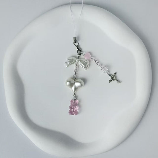 [Gummy Bear] Cute Kawaii Pink Gummy Bear & Pearl Heart Phone Charm Phone Accessory