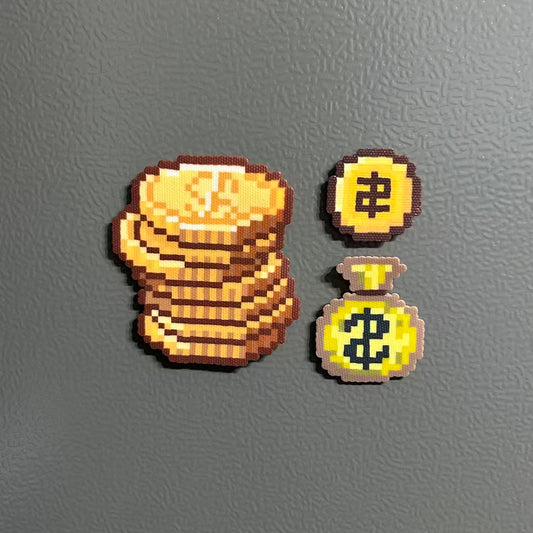 [Lucky Gold Piece] Pixel Art Gold Coin Lucky Bag Magnetic Fridge Magnet [Handmade - Set of 3]