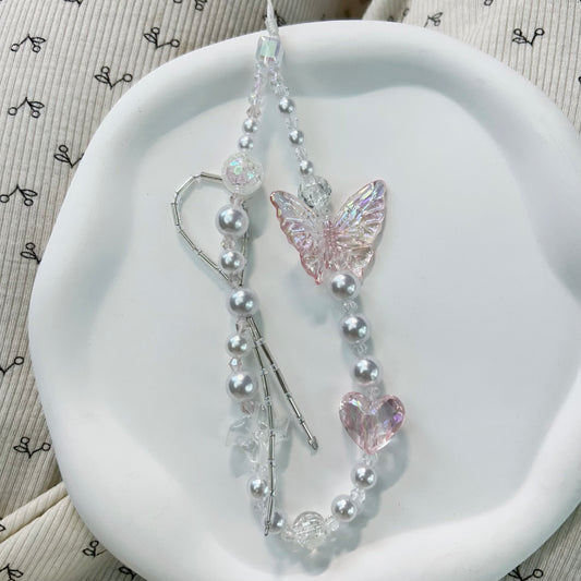 Ins Style Handmade Original Niche Design: Transparent Pink Heart Windmill Beaded Phone Strap Lanyard with Colorful Shiny Butterfly Charm for Camera, Bag & Keychain